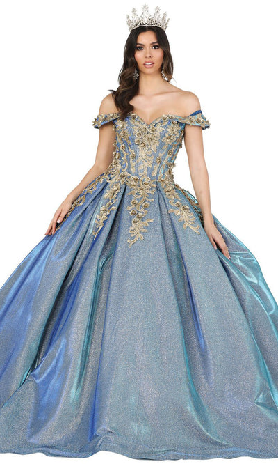 Dancing Queen - 1504 Embroidered Off Shoulder Pleated Ballgown In Blue