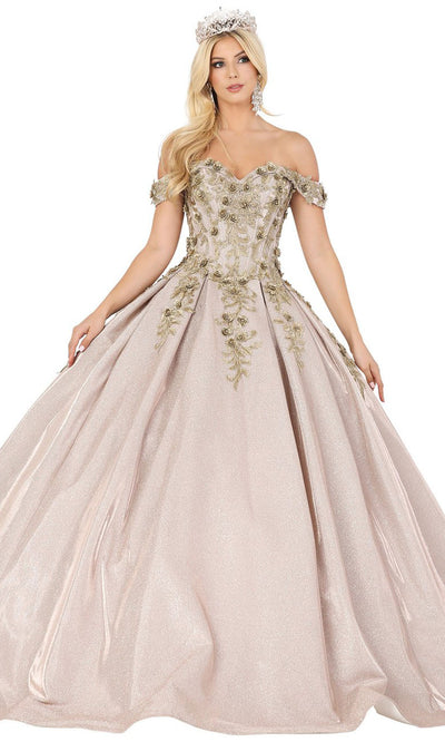 Dancing Queen - 1504 Embroidered Off Shoulder Pleated Ballgown In Pink