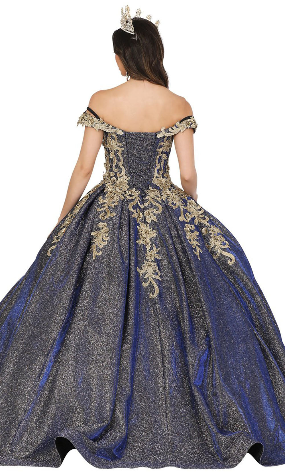 Dancing Queen - 1504 Embroidered Off Shoulder Pleated Ballgown In Blue