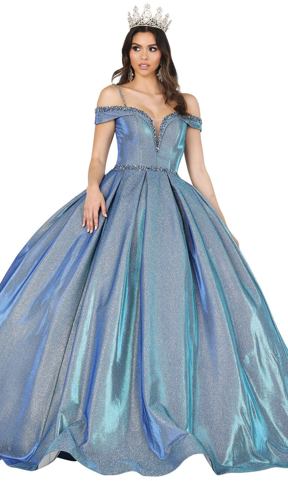 Dancing Queen - 1506 Embellished Deep Off Shoulder Pleated Ballgown In Blue