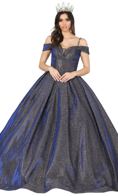 Dancing Queen - 1506 Embellished Deep Off Shoulder Pleated Ballgown In Blue