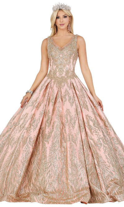 Dancing Queen - 1508 Royal Embroidered V Neck Ballgown In Pink and Gold