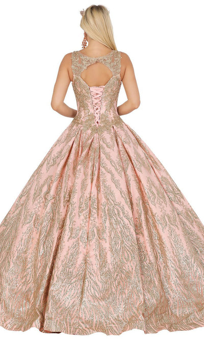 Dancing Queen - 1508 Royal Embroidered V Neck Ballgown In Pink and Gold