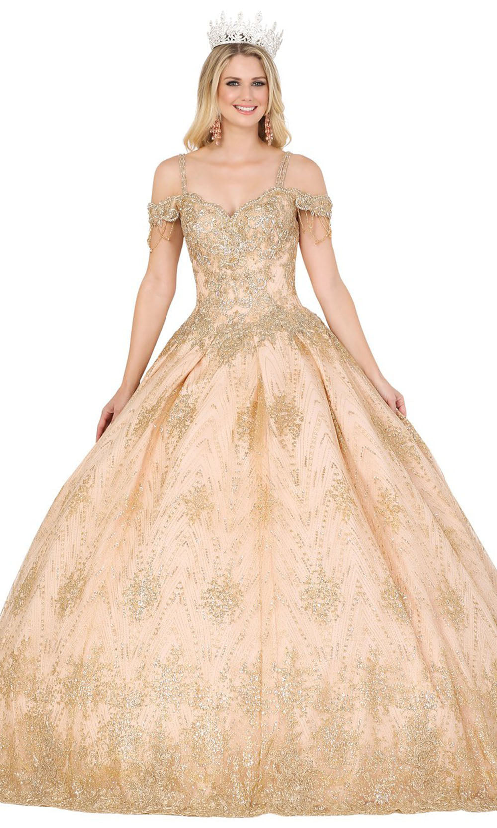 Dancing Queen - 1509 Bead Garlanded Cold Shoulder Ballgown In Champagne & Gold