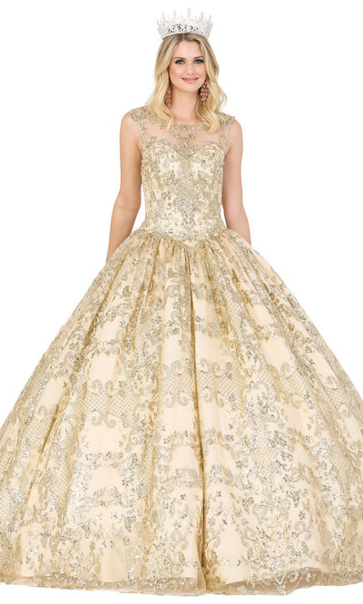 Dancing Queen - 1523 Sleeveless Illusion Jewel Bead Ballgown In Gold