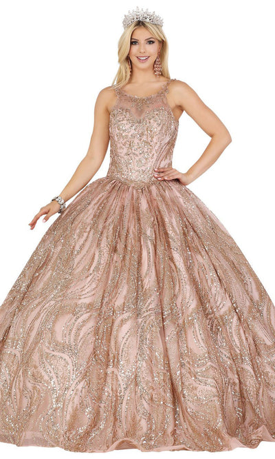 Dancing Queen - 1524 Jewel Neck Shiny Embellished Gown In Pink and Gold