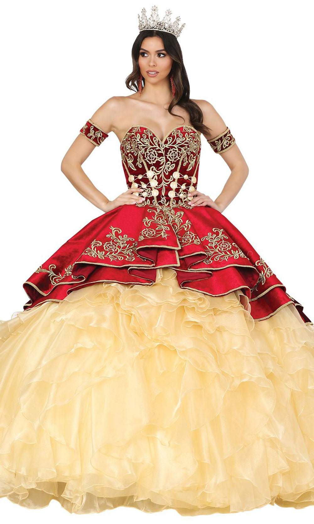 Dancing Queen - 1529 Embroidered Peplum Ruffled Ballgown In Red and Neutral