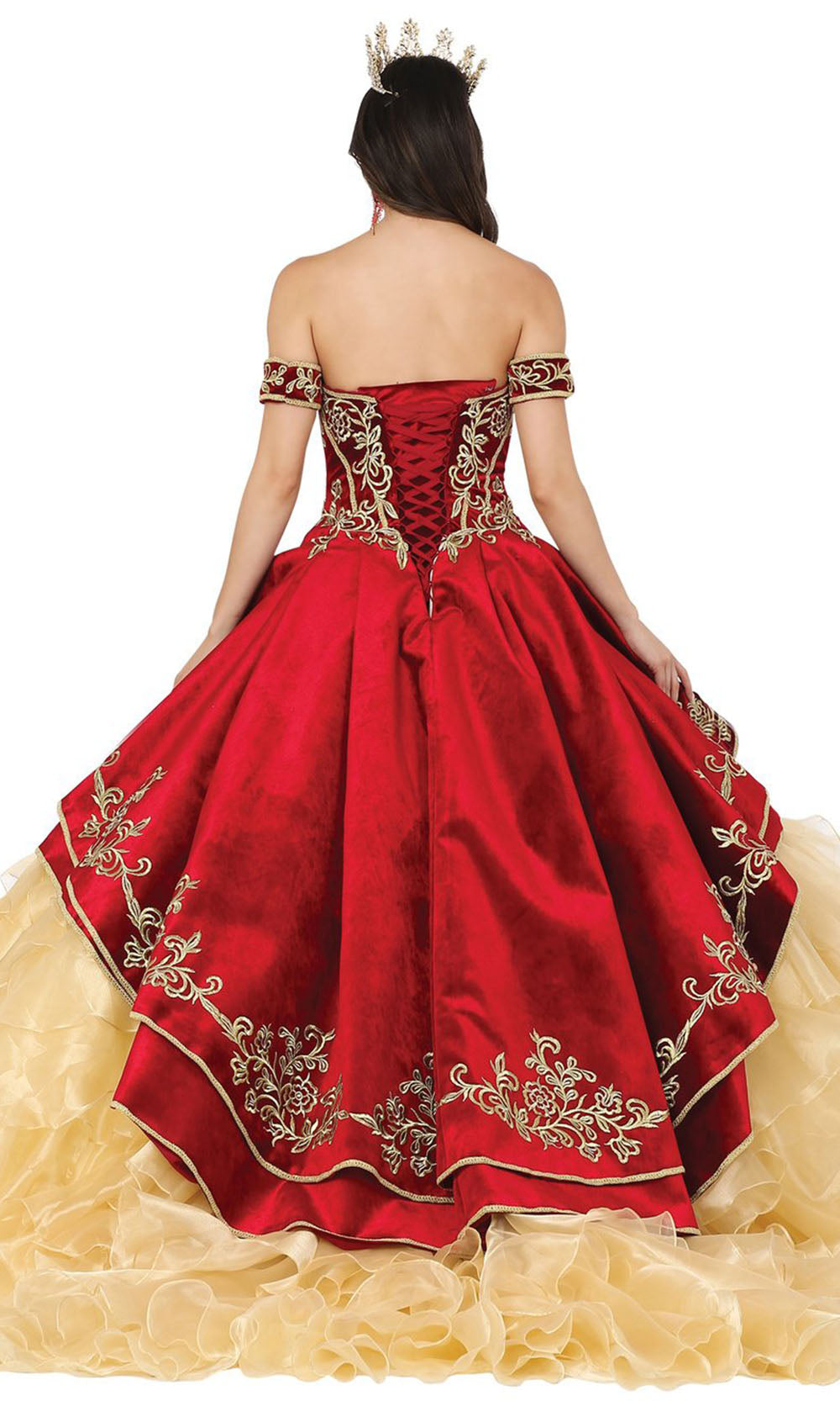 Dancing Queen - 1529 Embroidered Peplum Ruffled Ballgown In Red and Neutral