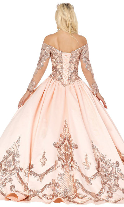 Dancing Queen - 1531 Long Sleeve Sequin-Ornate Ballgown In Pink