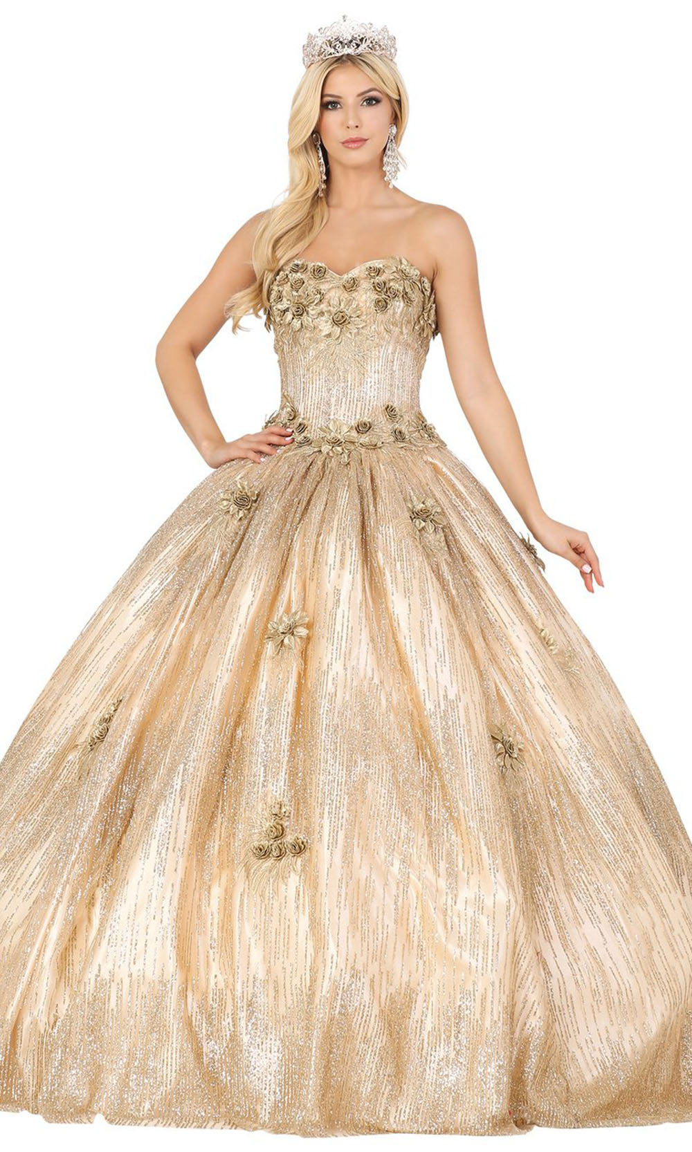 Dancing Queen - 1533 Strapless Floral Applique Glittered Gown In Gold