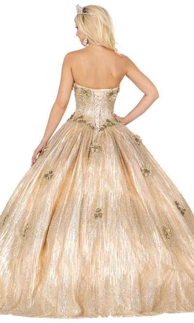 Dancing Queen - 1533 Strapless Floral Applique Glittered Gown In Gold