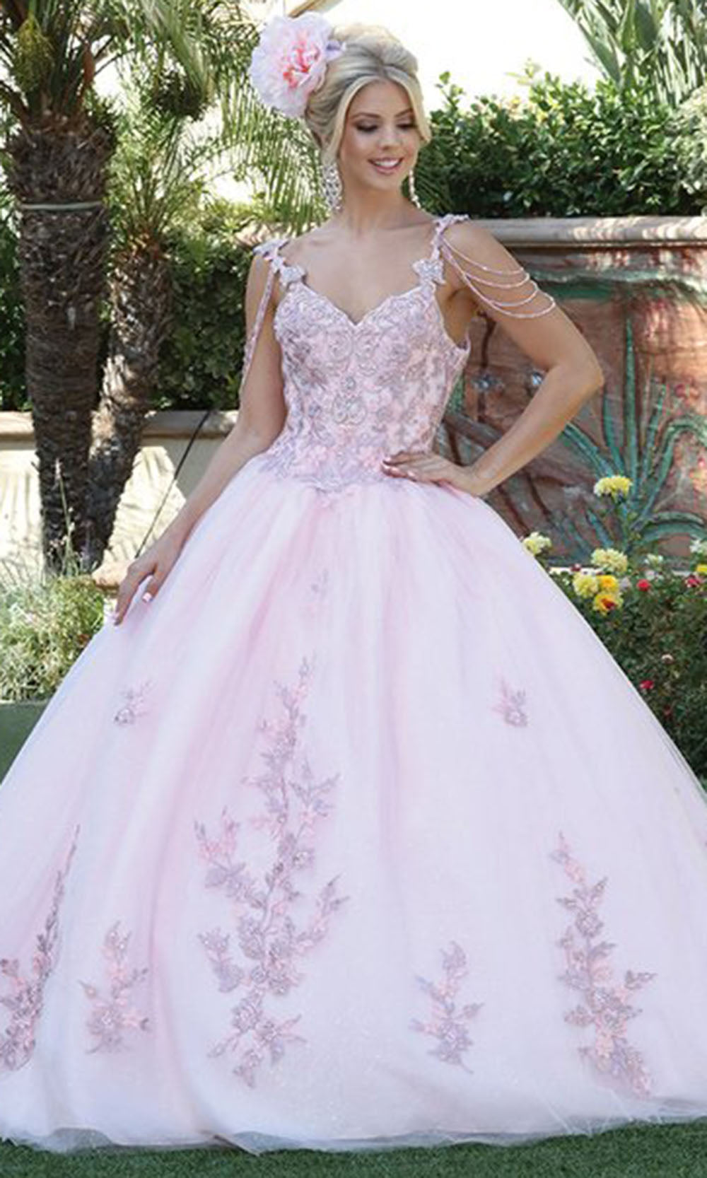 Dancing Queen - 1546 Embroidered V Neck Gown In Pink