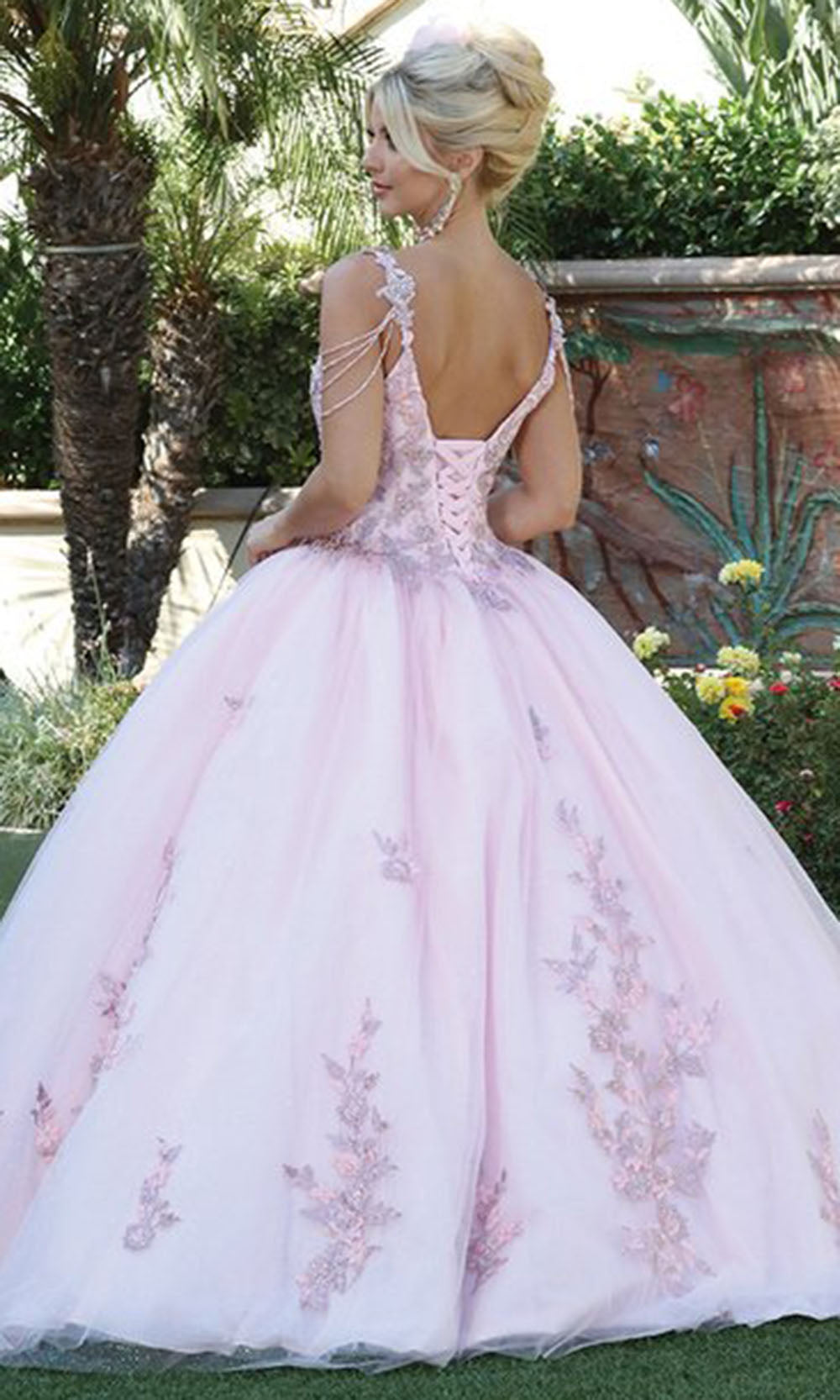 Dancing Queen - 1546 Embroidered V Neck Gown In Pink
