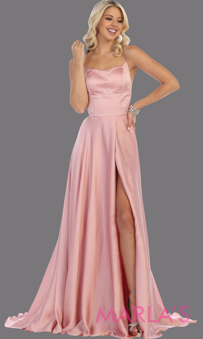 Long blush mauve satin dress with high slit & criss cross back. This is simple & sexy light pink dress from mayqueen is perfect for prom, bridesmaids, engagement dress, engagement photoshoot, eshoot, plus size party dress, wedding guest dress