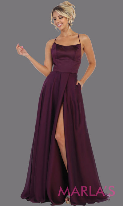 Long dark purple satin dress with high slit & criss cross back.This simple & sexy eggplant dress from mayqueen is perfect for prom, bridesmaids, engagement dress,engagement photoshoot,eshoot,plus size party dress,gala gown,wedding guest dress