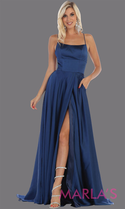 Long navy blue satin dress with high slit & criss cross back. This is simple & sexy dark blue dress from mayqueen is perfect for prom, bridesmaids, engagement dress, engagement photoshoot, eshoot, plus size party dress, wedding guest dress