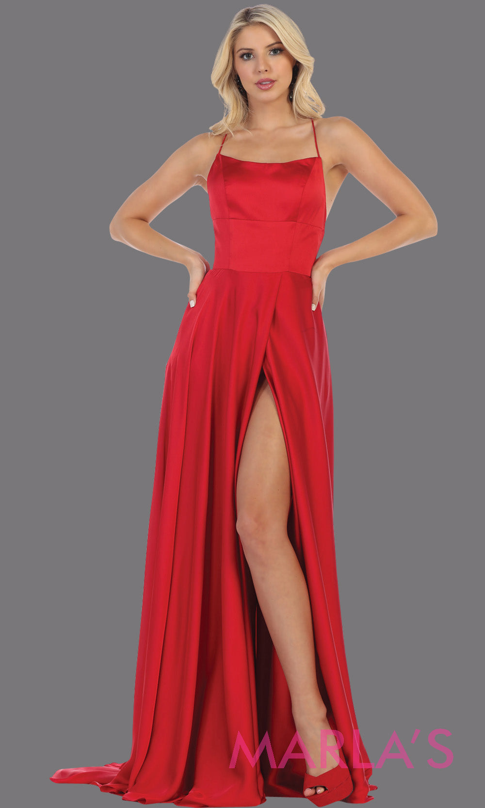 Long red satin dress with high slit & criss cross back. This simple & sexy red dress from mayqueen is perfect for prom, bridesmaids, engagement dress, engagement photoshoot, eshoot, plus size party dress, red gala gown, wedding guest dress