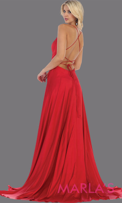 Back of Long red satin dress with high slit & criss cross back. This simple & sexy red dress from mayqueen is perfect for prom, bridesmaids, engagement dress, engagement photoshoot, eshoot, plus size party dress, red gala gown, wedding guest dress
