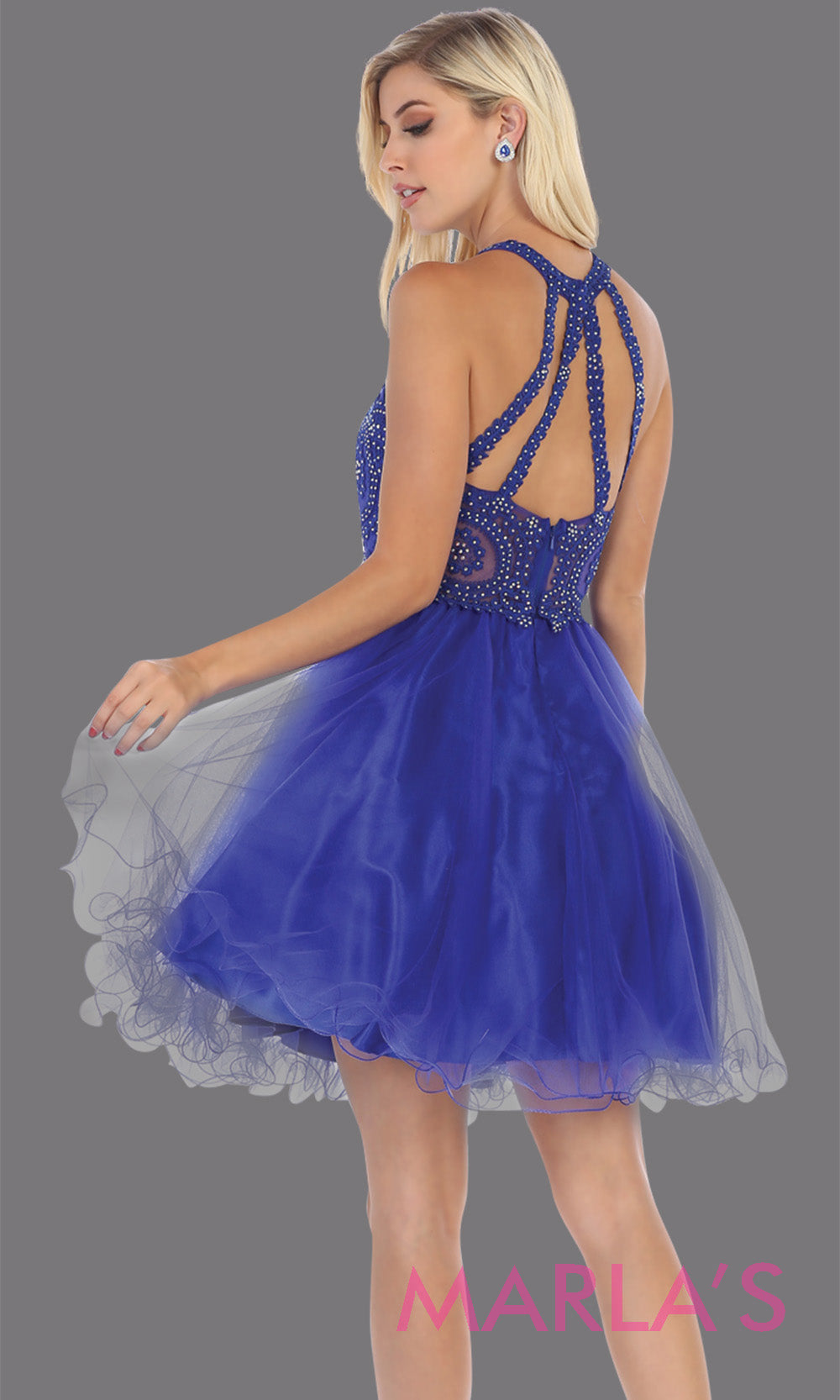 Back of Short high neck royal blue grade 8 graduation dress with puffy skirt from mayqueen.This blue high neck ballerina dress is perfect for grade 8 grad, homecoming,Bat Mitzvah,quinceanera damas,middle school graduation,plus size,junior bridesmaidsgrade 8 grad dresses, graduation dresses