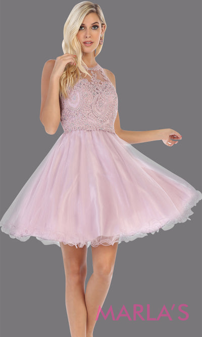 Short high neck mauve grade 8 graduation dress with puffy skirt from mayqueen.This pink high neck ballerina dress is perfect for grade 8 grad, homecoming,Bat Mitzvah,quinceanera damas,middle school graduation,plus size,junior bridesmaidsgrade 8 grad dresses, graduation dresses