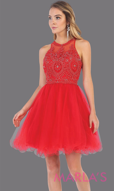 Short high neck red grade 8 graduation dress with puffy skirt from mayqueen. This red high neck ballerina dress is perfect for grade 8 grad, homecoming, Bat Mitzvah, quinceanera damas, middle school graduation, plus size, junior bridesmaidsgrade 8 grad dresses, graduation dresses