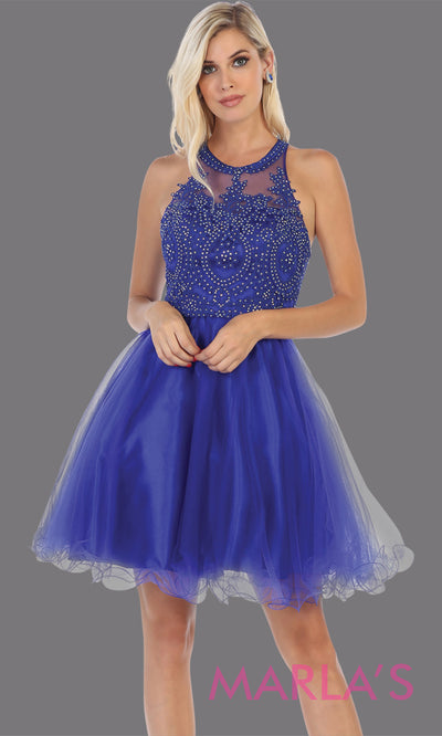 Short high neck royal blue grade 8 graduation dress with puffy skirt from mayqueen.This blue high neck ballerina dress is perfect for grade 8 grad, homecoming,Bat Mitzvah,quinceanera damas,middle school graduation,plus size,junior bridesmaidsgrade 8 grad dresses, graduation dresses