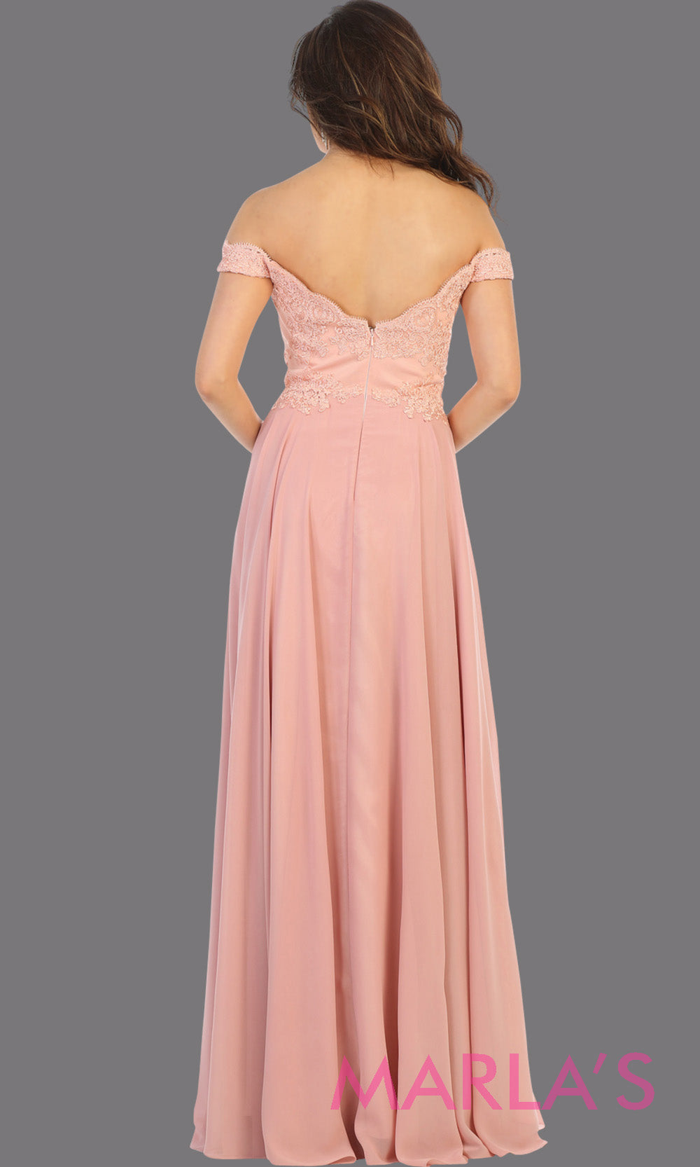 Back of Long flowy blush pink off shoulder dress with lace top from mayqueen. Light pink evening gown is perfect for bridesmaids, simple wedding guest dress, formal party,plus size wedding guest dress,modest gown,indowestern gown, mother of the bride