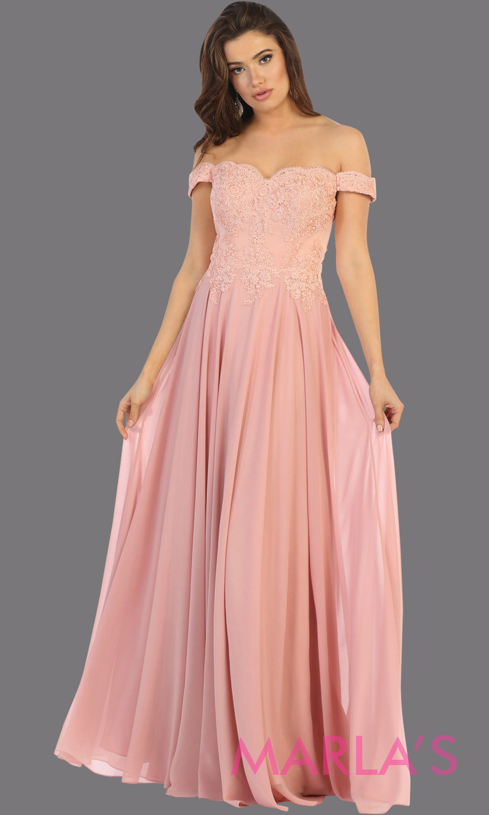 Long flowy blush pink off shoulder dress with lace top from mayqueen. Light pink evening gown is perfect for bridesmaids, simple wedding guest dress, formal party,plus size wedding guest dress,modest gown,indowestern gown, mother of the bride