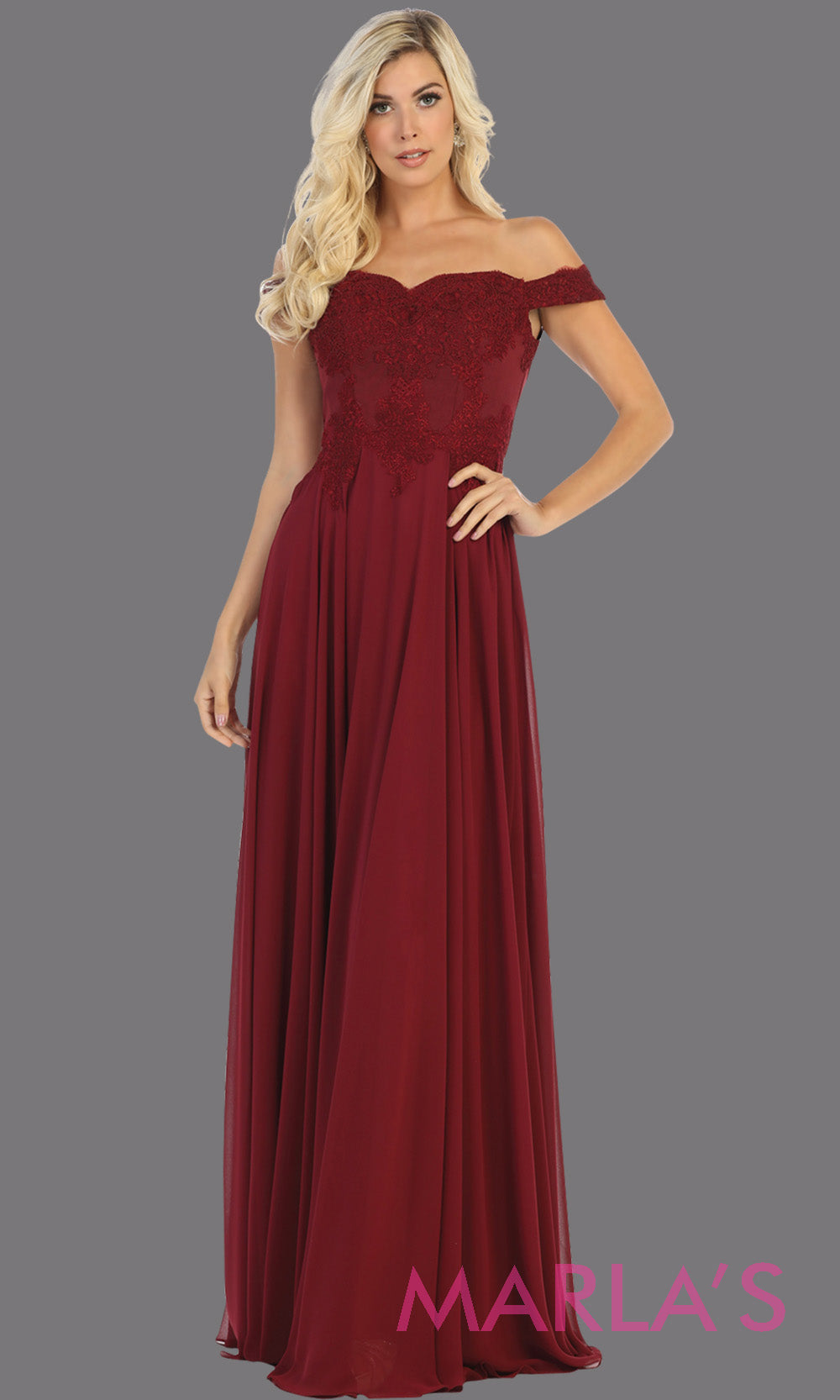 Long flowy burgundy off shoulder dress with lace top from mayqueen. Dark red evening gown is perfect for bridesmaids, simple wedding guest dress, formal party, plus size wedding guest dress, modest gown, indowestern gown, mother of the bride
