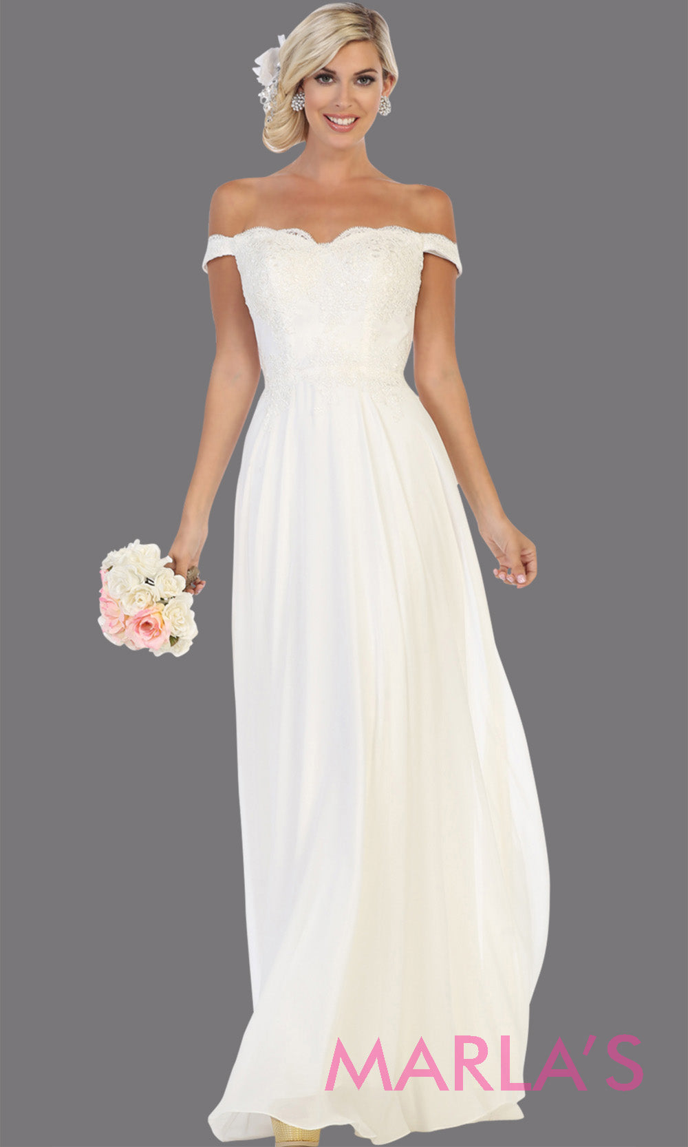 Long flowy ivory off shoulder dress with lace top from mayqueen. Simple ivory evening gown is perfect for bridesmaids, simple wedding gown, plus size wedding dress, civil bridal dress, second wedding dress, prom.jpg