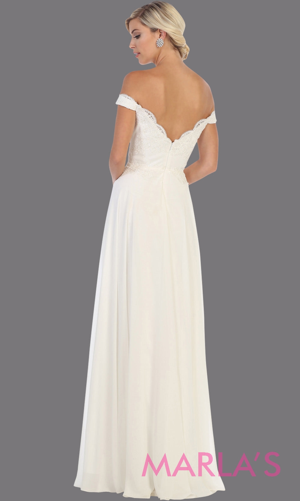 Back of Long flowy ivory off shoulder dress with lace top from mayqueen. Simple ivory evening gown is perfect for bridesmaids, simple wedding gown, plus size wedding dress, civil bridal dress, second wedding dress, prom.jpg