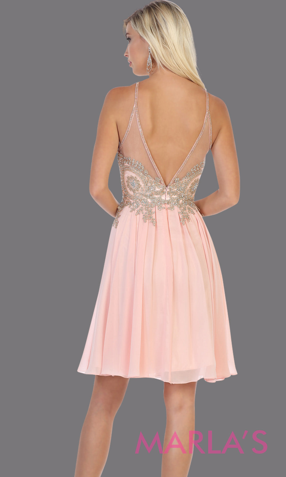 Back of Short high neck blush pink grade 8 graduation dress with flowy skirt from mayqueen. This light pink low back flowy dress is perfect for plus size grad, homecoming, Bat Mitzvah, quinceanera damas, middle school graduation, junior bridesmaidsgrade 8 grad dresses, graduation dresses