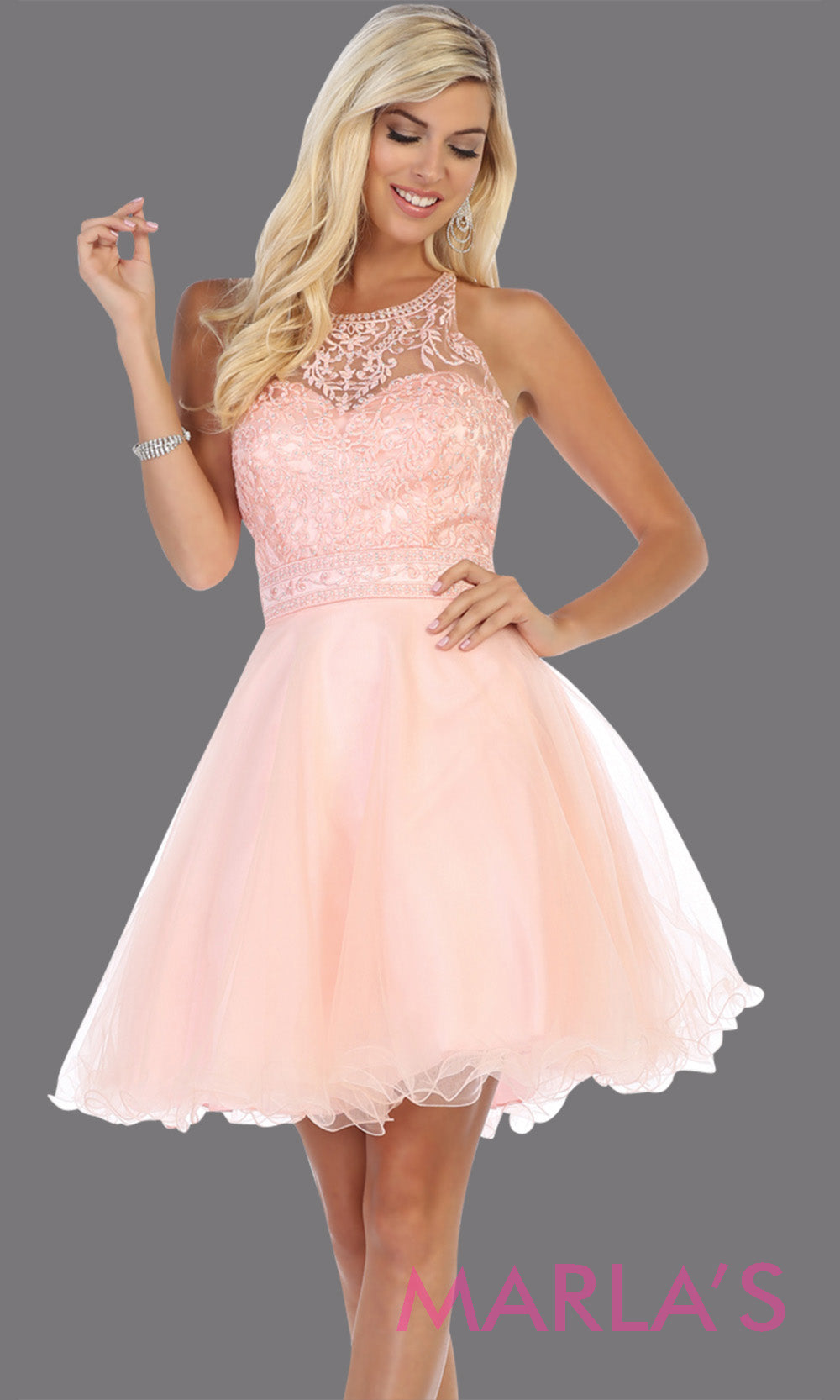Short high neck blush pink grade 8 graduation dress with puffy skirt from mayqueen. This light pink cross back dress is perfect for plus size grad, homecoming, Bat Mitzvah, quinceanera damas, middle school graduation, junior bridesmaidsgrade 8 grad dresses, graduation dresses