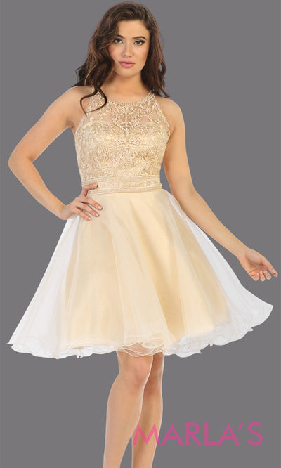 Short high neck champagne gold grade 8 graduation dress with puffy skirt from mayqueen.This light gold cross back dress is perfect for plus size grad, homecoming, Bat Mitzvah, quinceanera damas, middle school graduation, junior bridesmaidsgrade 8 grad dresses, graduation dresses