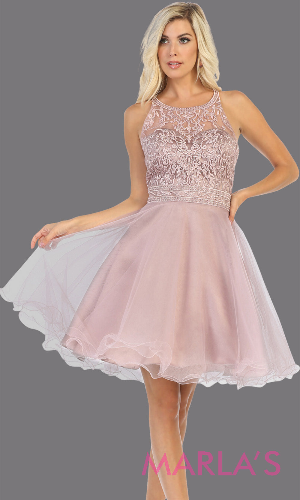Short high neck mauve grade 8 graduation dress with puffy skirt from mayqueen. This dusty rose cross back dress is perfect for plus size grad, homecoming, Bat Mitzvah, quinceanera damas, middle school graduation, junior bridesmaids