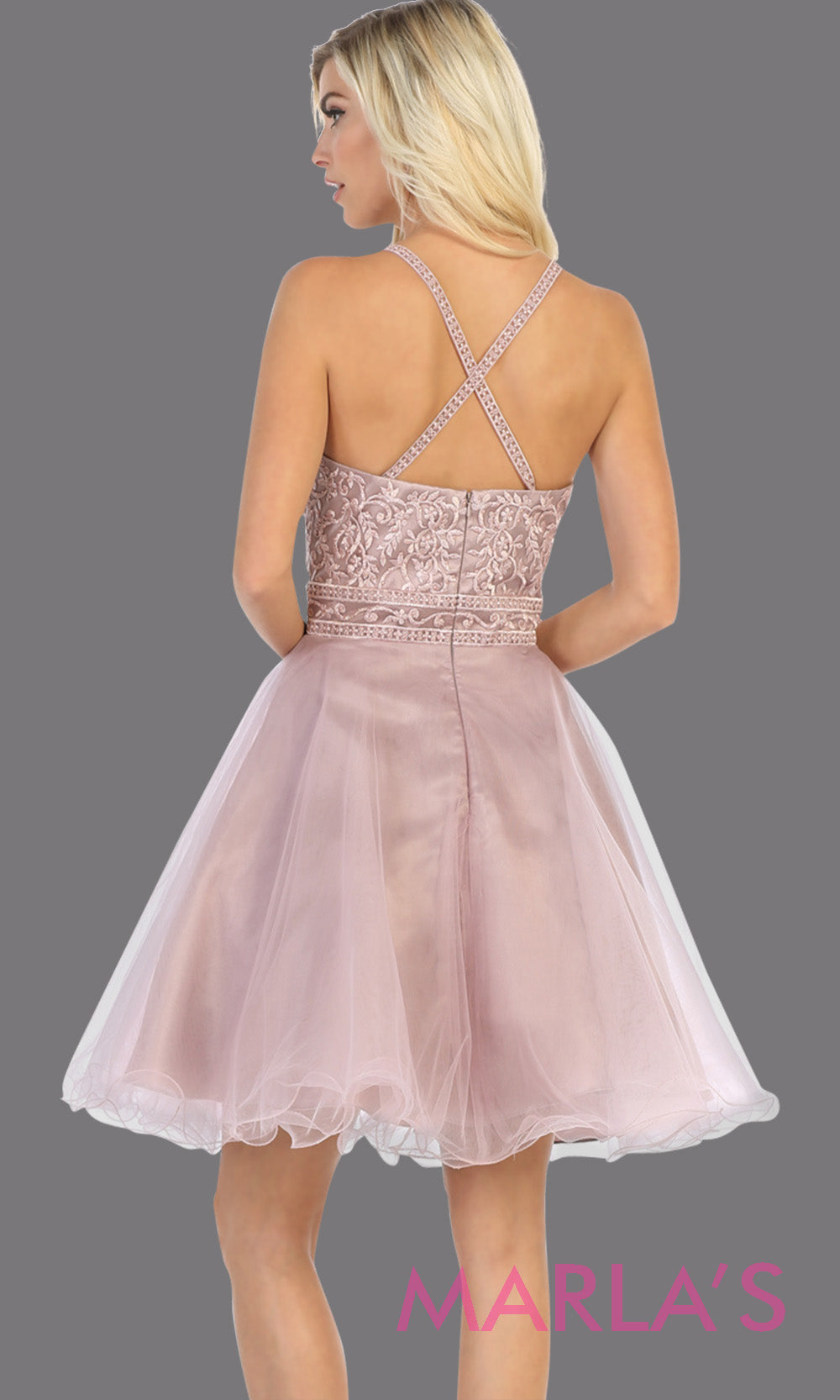 Back of Short high neck mauve grade 8 graduation dress with puffy skirt from mayqueen. This dusty rose cross back dress is perfect for plus size grad, homecoming, Bat Mitzvah, quinceanera damas, middle school graduation, junior bridesmaidsgrade 8 grad dresses, graduation dresses
