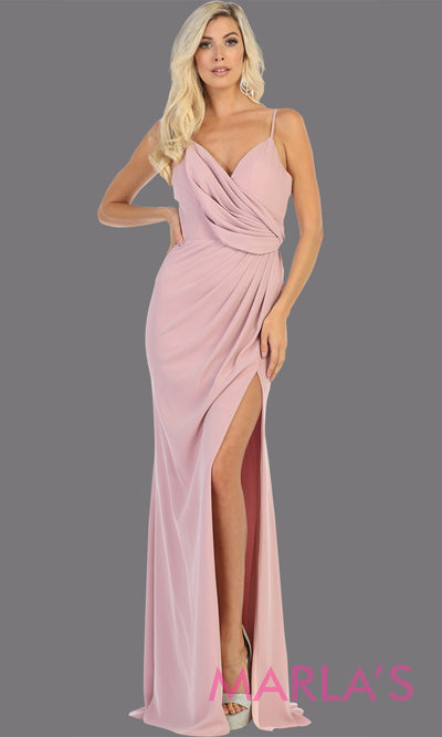 Long sleek & sexy mauve evening dress with high slit & v neck dress from mayqueen. This pink fitted evening tight fitted gown with high slit is perfect for prom, wedding guest dress, guest for prom, formal party, gala, black tie party.jpg