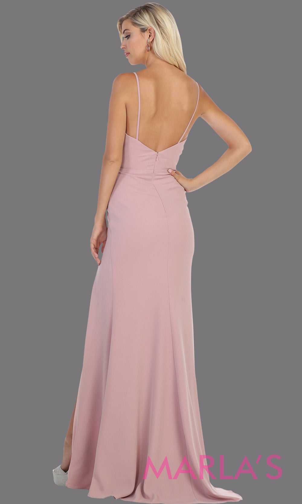 Back of Long sleek & sexy mauve evening dress with high slit & v neck dress from mayqueen. This pink fitted evening tight fitted gown with high slit is perfect for prom, wedding guest dress, guest for prom, formal party, gala, black tie party.jpg