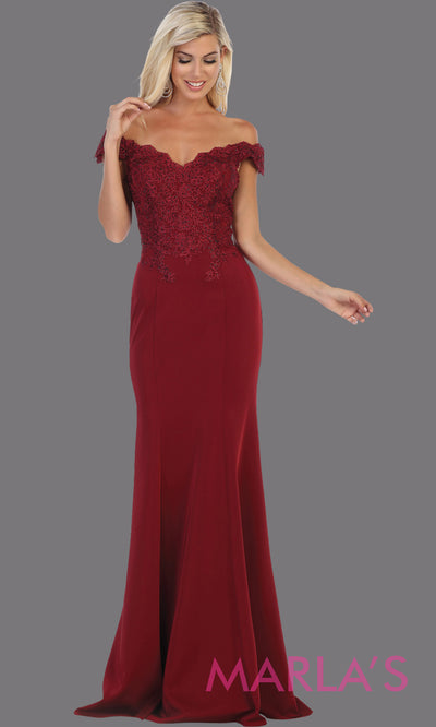 Long sleek & sexy burgundy red evening mermaid dress & lace off shoulder top from mayqueen. This dark red tight fitted evening party gown is perfect for prom, wedding guest dress, guest for prom, formal party, gala, black tie party