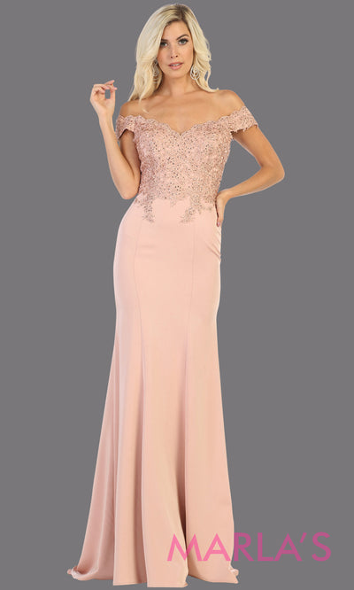 Long sleek & sexy champagne gold evening mermaid dress & lace off shoulder top from mayqueen. This light gold tight fitted evening party gown is perfect for prom, wedding guest dress, guest for prom, formal party, gala, black tie party.jpg