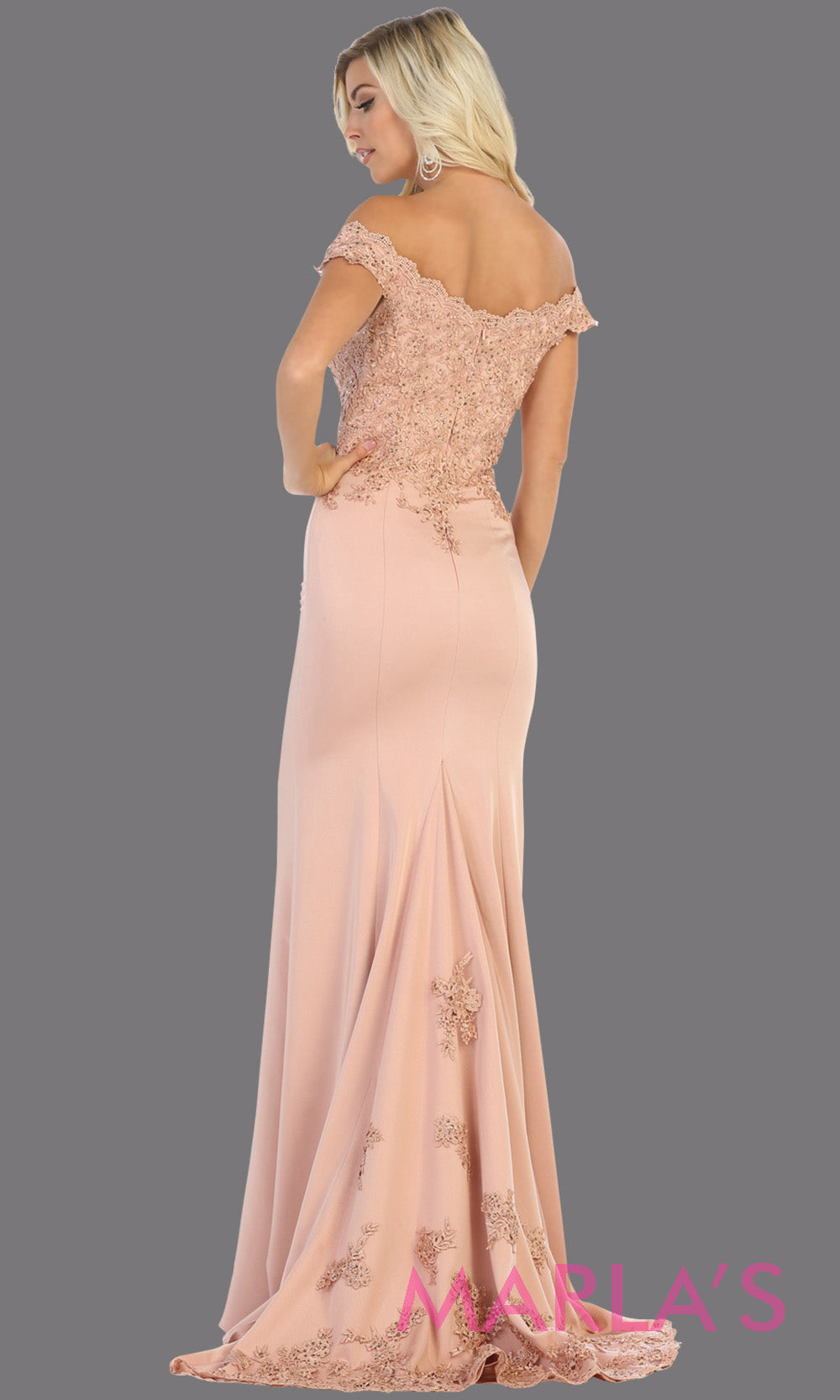 Back of Long sleek & sexy champagne gold evening mermaid dress & lace off shoulder top from mayqueen. This light gold tight fitted evening party gown is perfect for prom, wedding guest dress, guest for prom, formal party, gala, black tie party.jpg