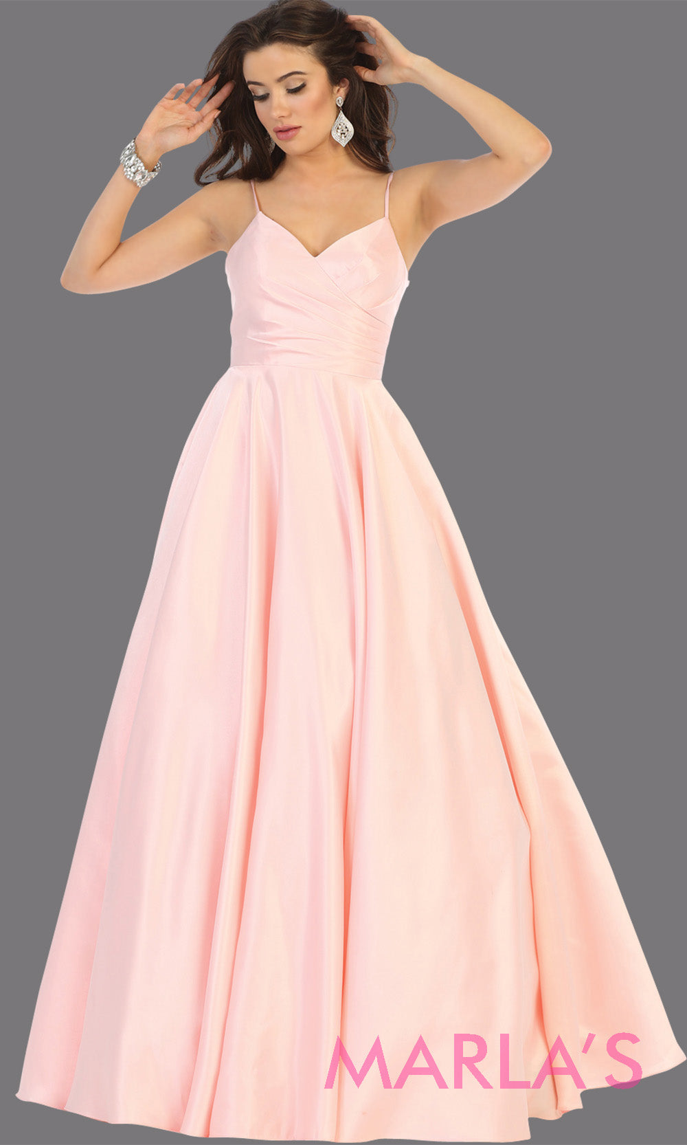 Long simple v neck blush pink satin semi ballgown with pockets. This light pink flowy gown from mayqueen is perfect for prom, black tie event, engagement dress, formal party dress, plus size wedding guest dresses, pink indowestern party dress