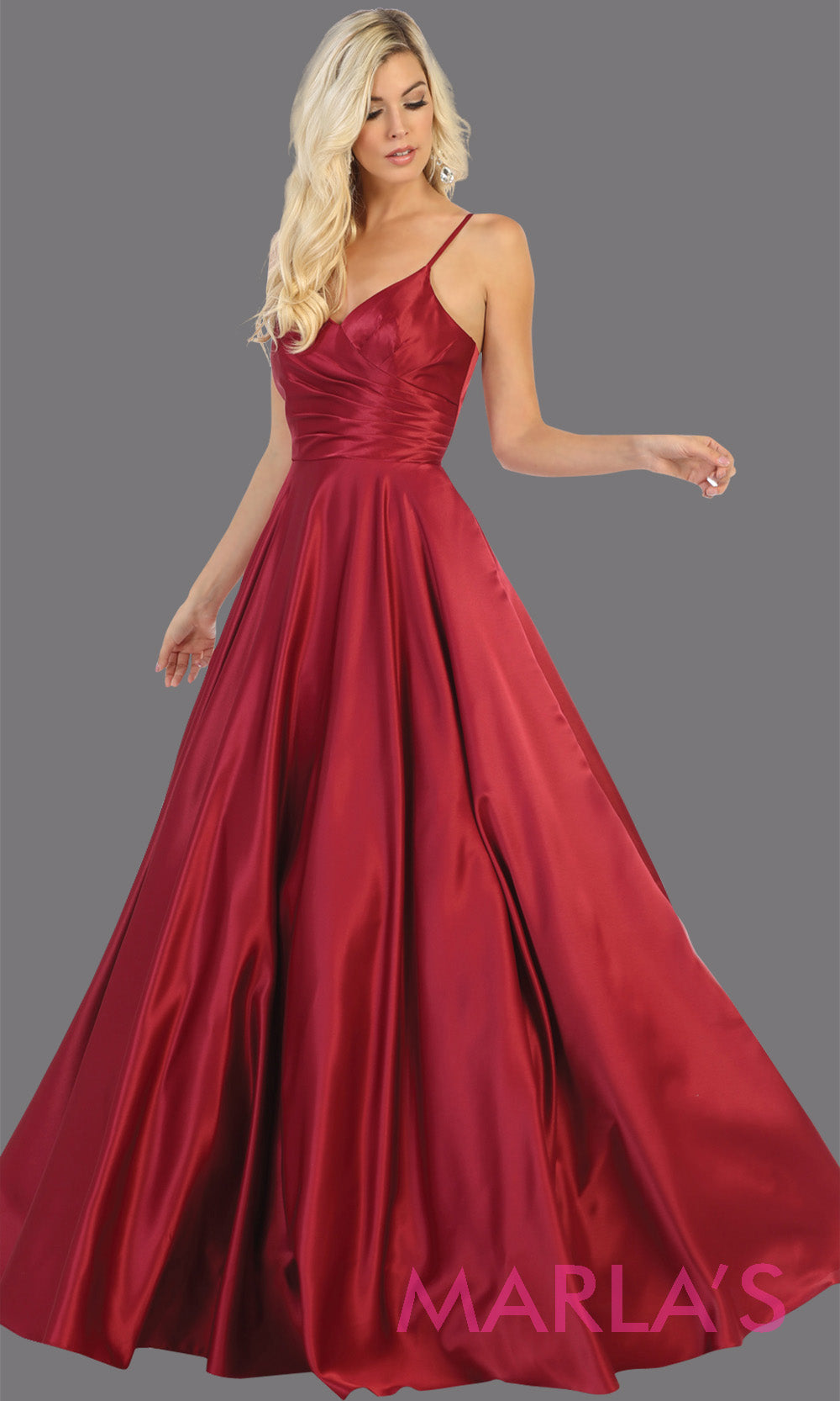 Long simple v neck burgundy red satin semi ballgown with pockets. This dark red flowy gown from mayqueen is perfect for prom, black tie event, engagement dress, formal party dress, plus size wedding guest dresses, indowestern party dress