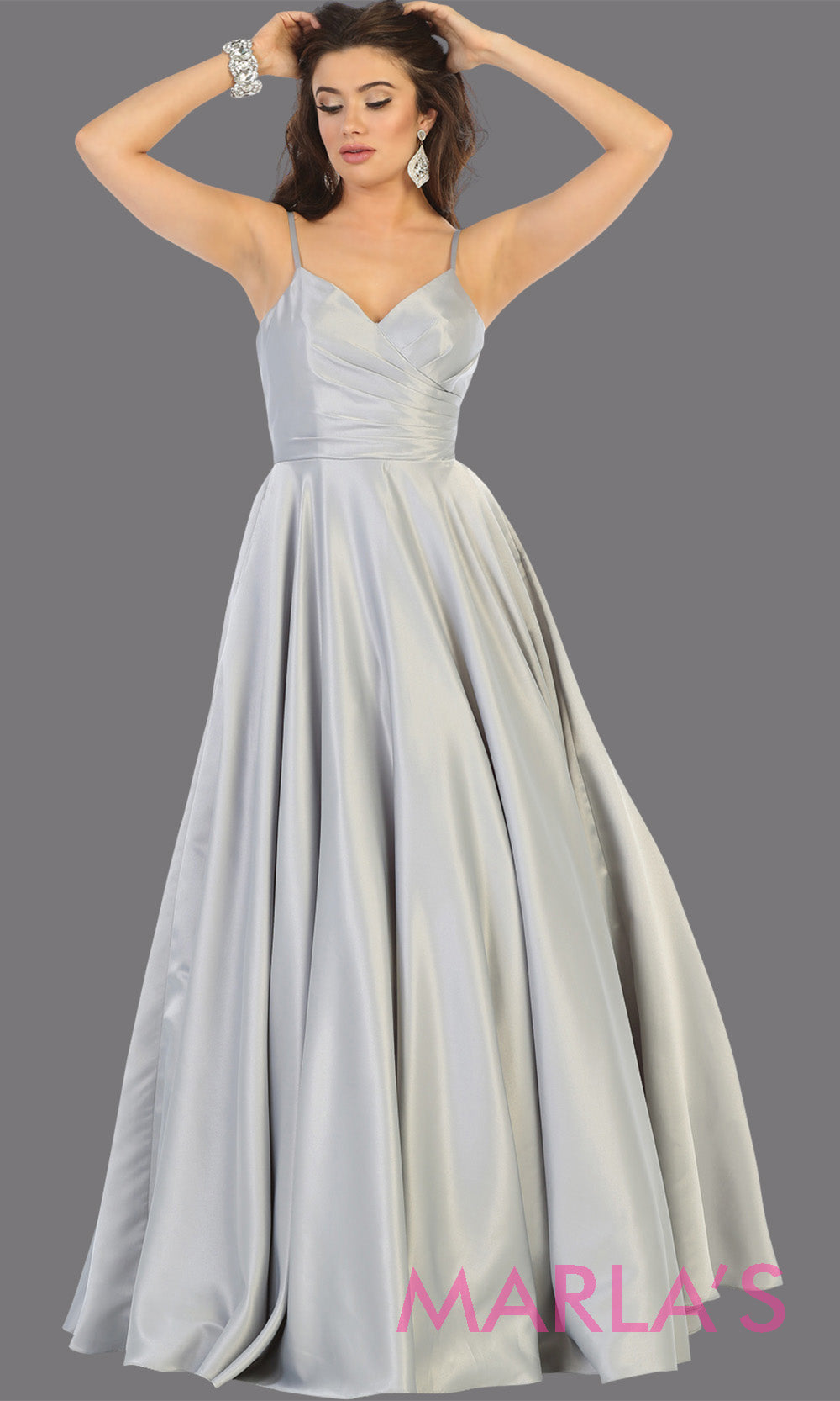 Long simple v neck silver satin semi ballgown with pockets. This light grey flowy gown from mayqueen is perfect for prom, black tie event, engagement dress, formal party dress, plus size wedding guest dresses, gray indowestern party dress