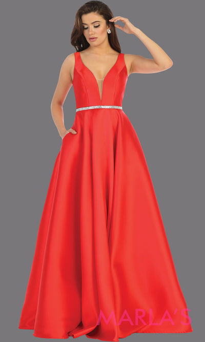 Long simple v neck red semi ballgown with pockets. This red flowy gown from mayqueen is perfect for prom, black tie event, engagement dress, formal party dress, plus size wedding guest dresses, bridesmaid, indowestern party dress