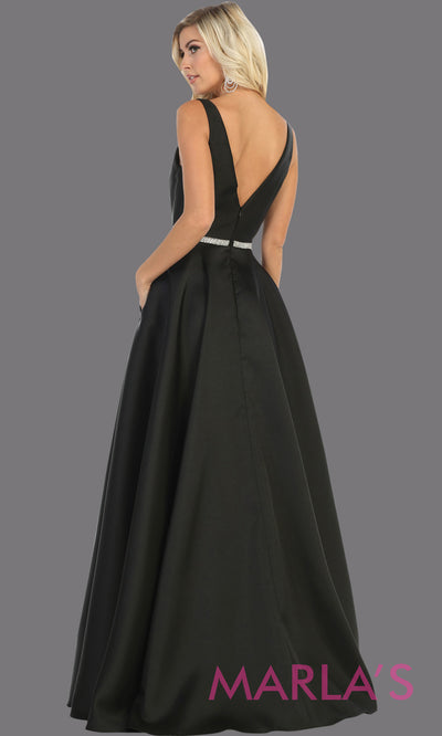 Back of Long simple v neck black semi ballgown with pockets. This black flowy gown from mayqueen is perfect for prom, black tie event, engagement dress, formal party dress, plus size wedding guest dresses, bridesmaid, indowestern party dress