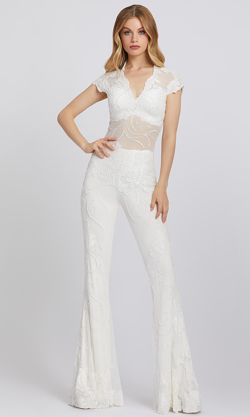 Mac Duggal - 1993A Beaded V Neck Jumpsuit In White