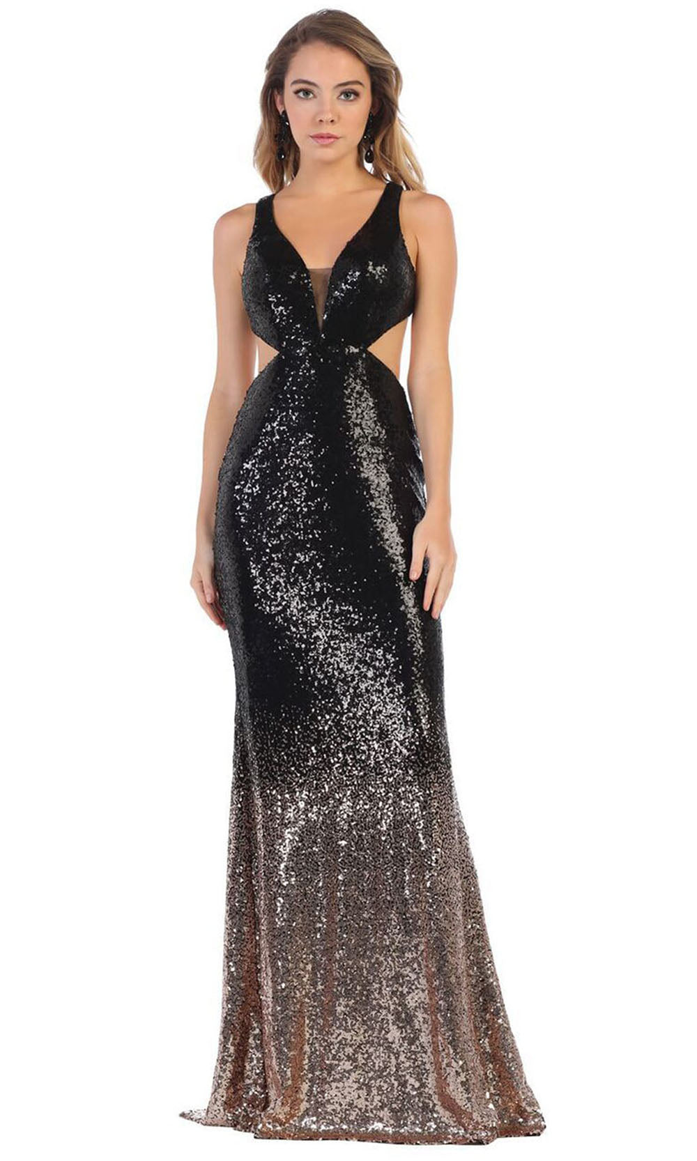 May Queen - MQ1628 Open Back Sequined Sheath Gown In Black