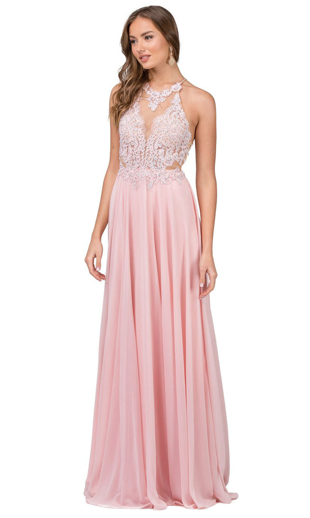 Dancing Queen - 2015 Embroidered Halter Neck A-Line Dress In Pink