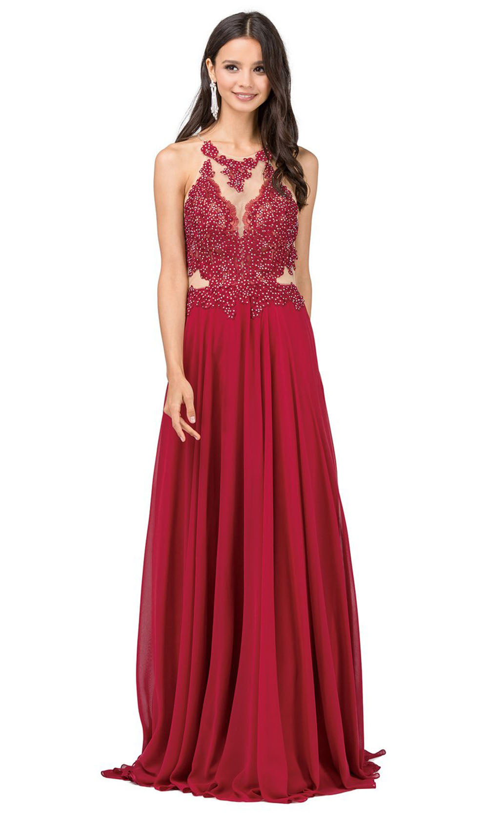 Dancing Queen - 2015 Embroidered Halter Neck A-Line Dress In Red